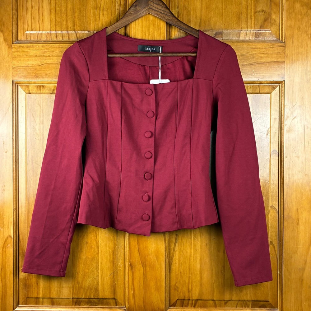 Zesica Womens Burgundy Square Neck Button Down Long Sleeve Corset Style Top S